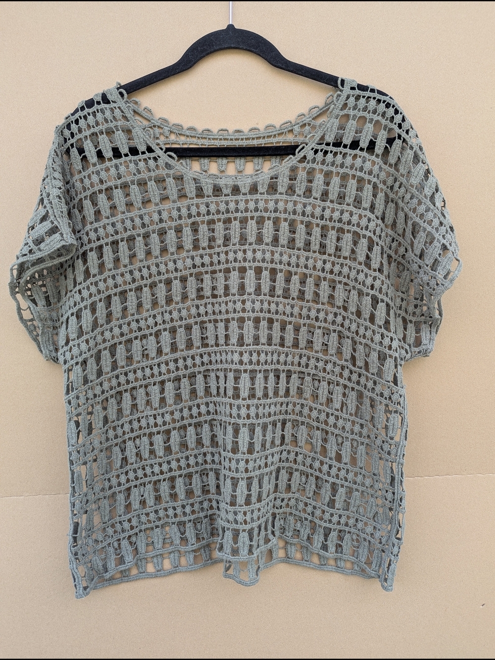 Boho Open Knit Crochet Mesh Top Sheer Boho Short Sleeve Coverup OS Sage Green